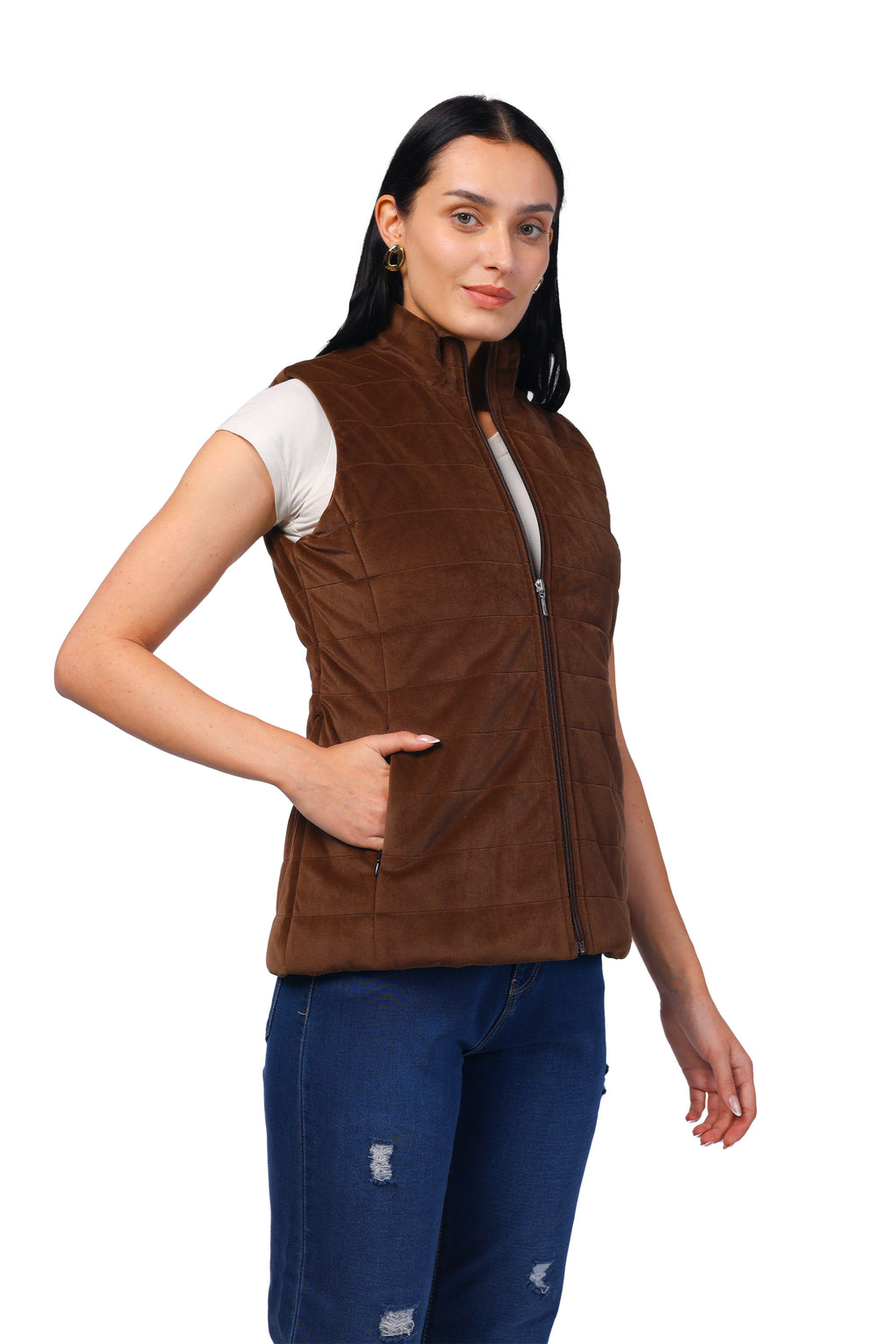 Quilted Sleeveless Jacket in Velvet Fabric