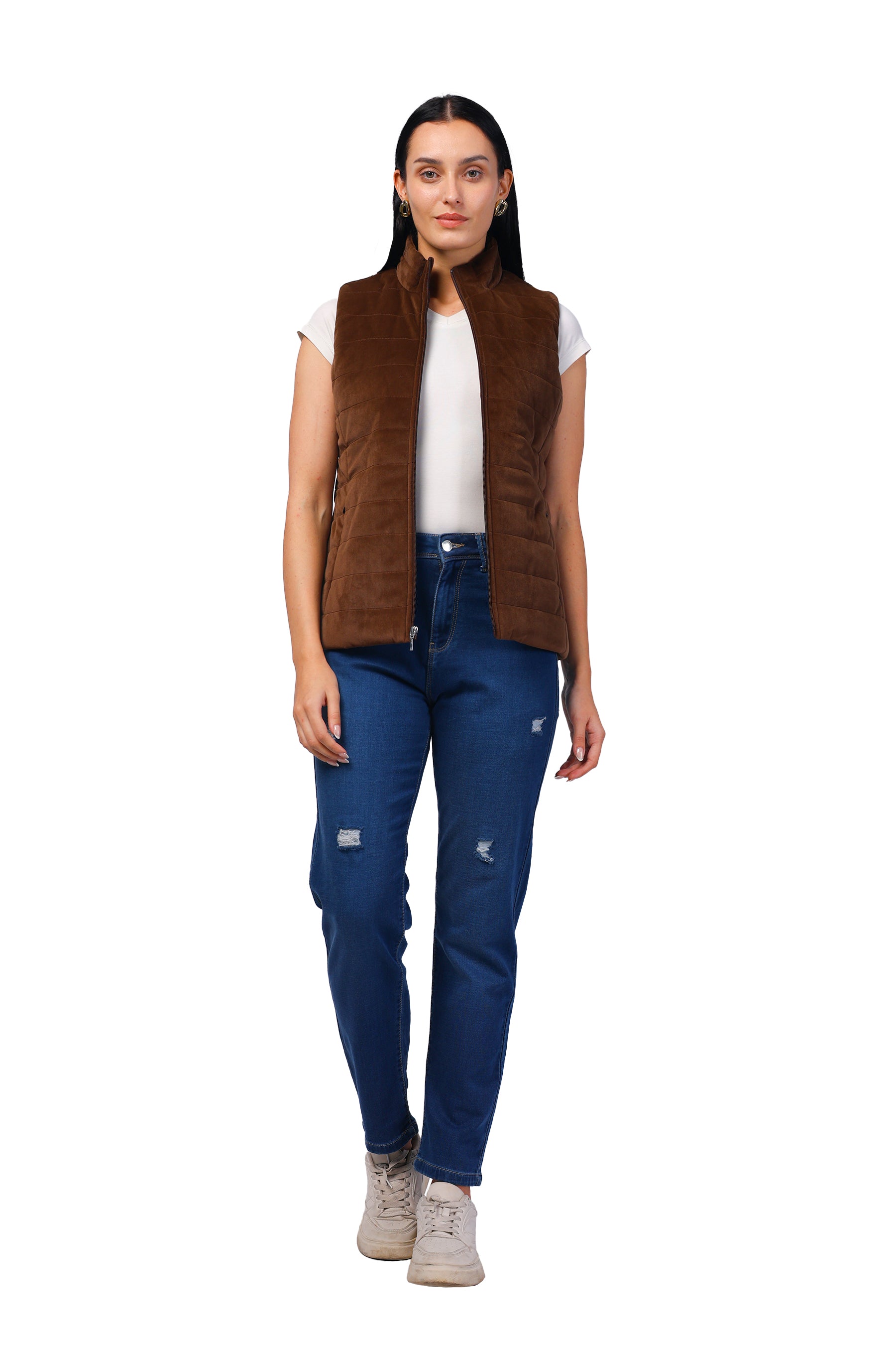 Quilted Sleeveless Jacket in Velvet Fabric