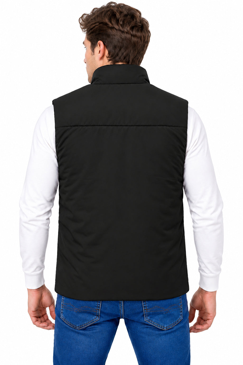 Men’s Quilted Nylon Crush Sleeveless Jacket with 4 Utility Pockets & Stand Collar