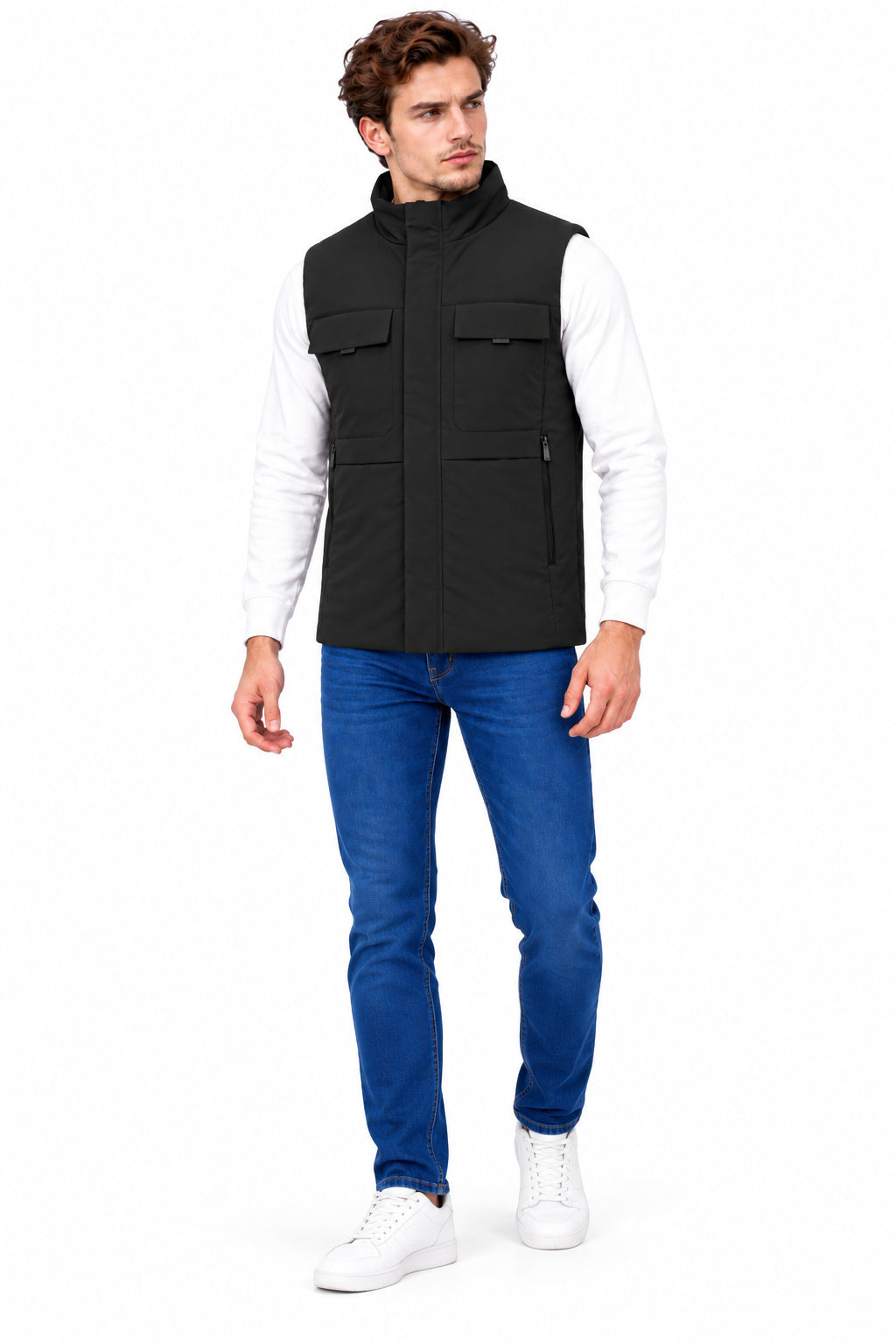 Men’s Quilted Nylon Crush Sleeveless Jacket with 4 Utility Pockets & Stand Collar