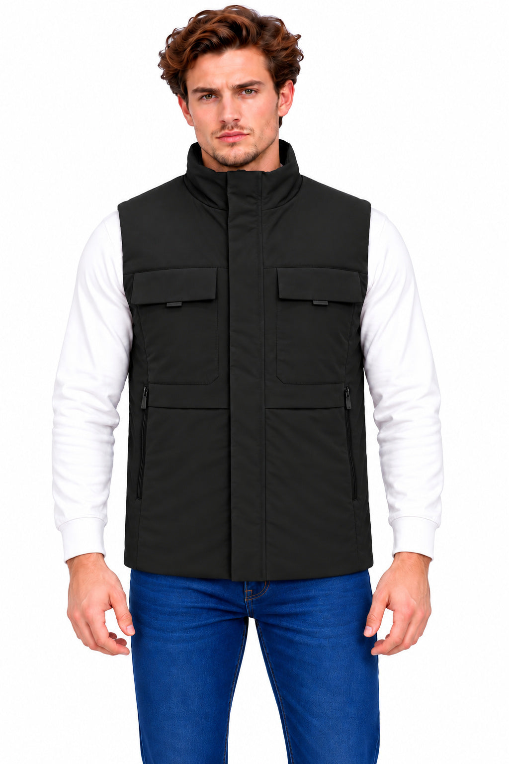 Men’s Quilted Nylon Crush Sleeveless Jacket with 4 Utility Pockets & Stand Collar
