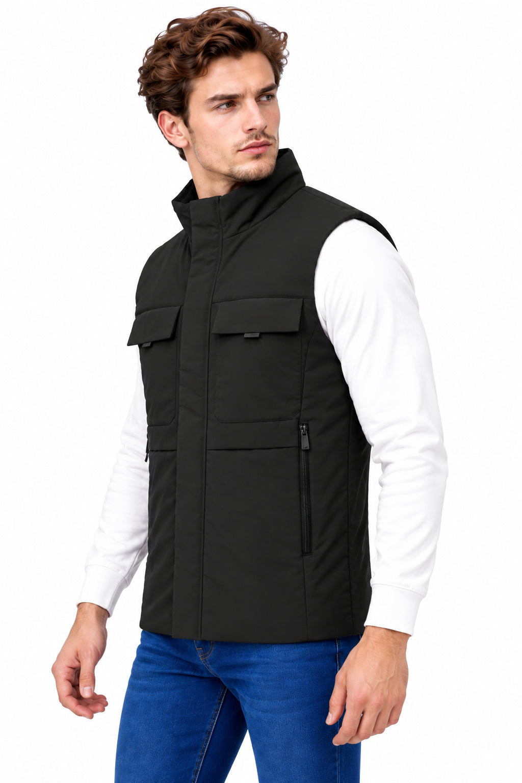 Men’s Quilted Nylon Crush Sleeveless Jacket with 4 Utility Pockets & Stand Collar