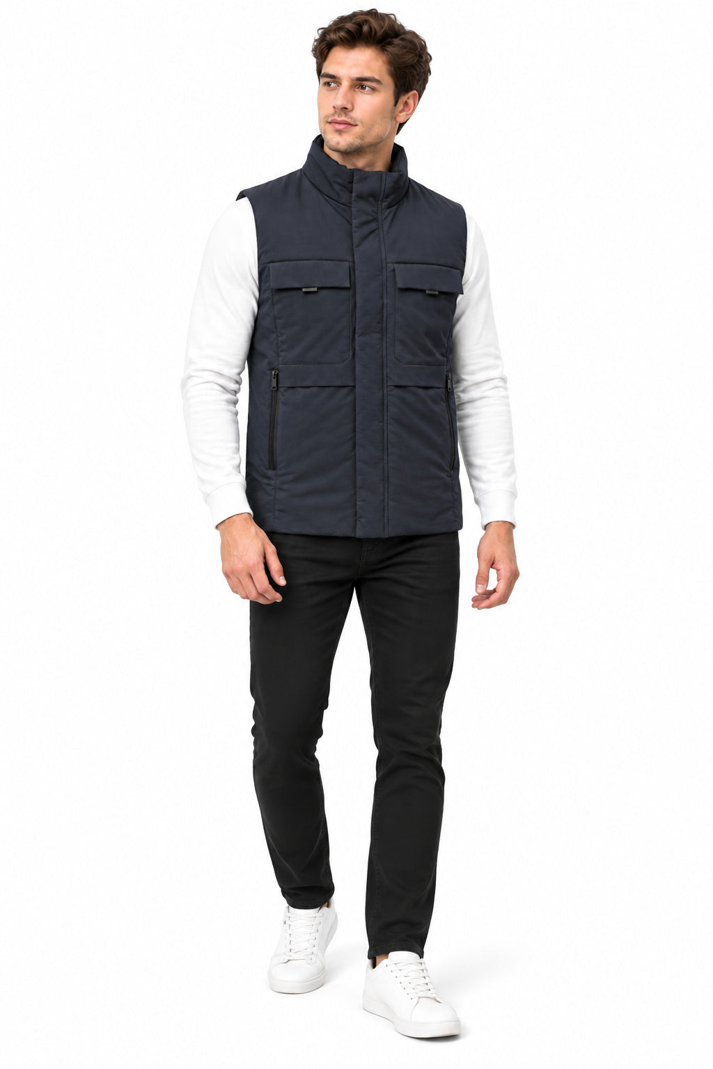Men’s Quilted Nylon Crush Sleeveless Jacket with 4 Utility Pockets & Stand Collar