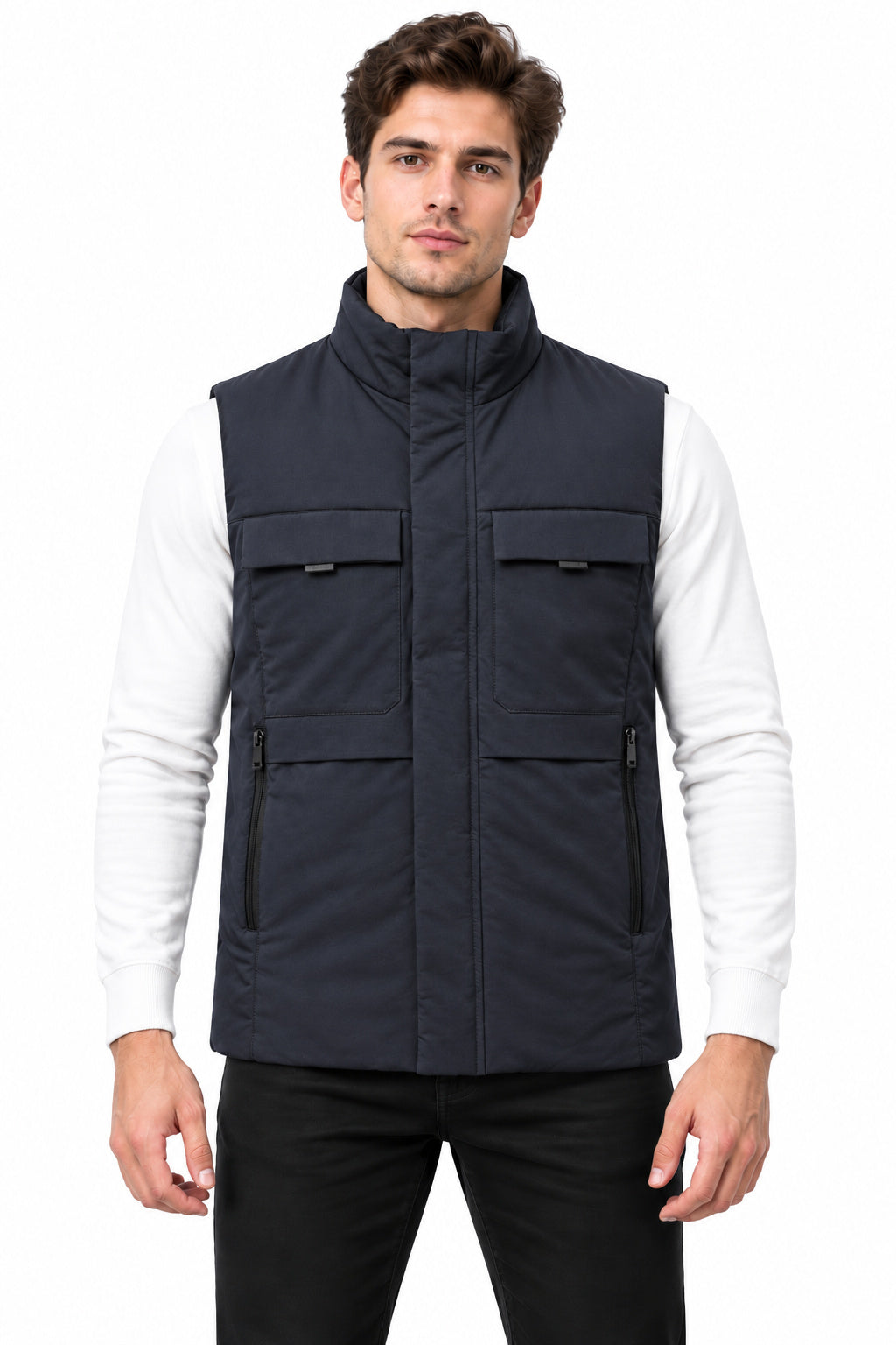 Men’s Quilted Nylon Crush Sleeveless Jacket with 4 Utility Pockets & Stand Collar