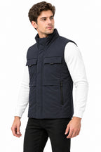 Men’s Quilted Nylon Crush Sleeveless Jacket with 4 Utility Pockets & Stand Collar