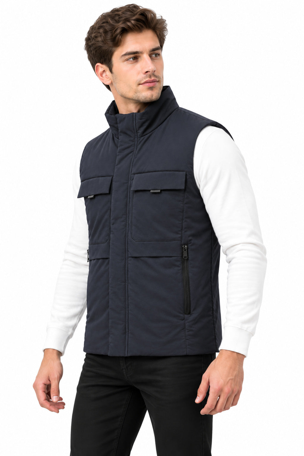 Men’s Quilted Nylon Crush Sleeveless Jacket with 4 Utility Pockets & Stand Collar