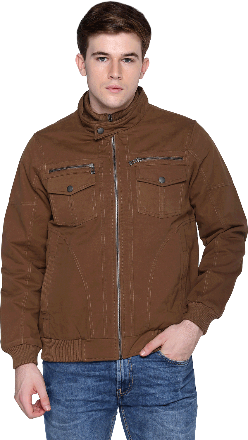 A man wearing a full-sleeve jacket in brown colour with a front zip, side pockets, and regular fit.