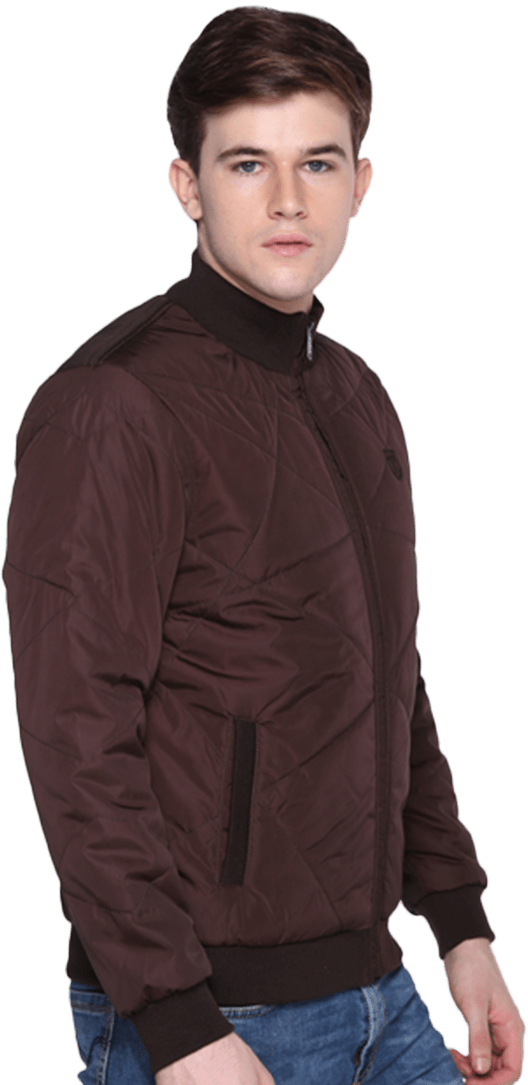 A man wearing a full-sleeve jacket in wine colour with a front zip, side pockets, and regular fit.