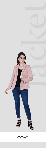 A woman wearing a short jacket in pink color,featuring full sleeves and trendy collar.