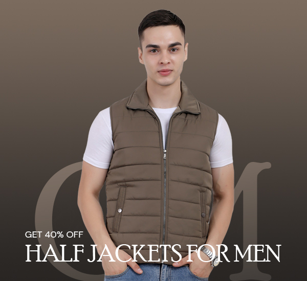 An image showing Coatsnmore`s collection leading to men`s jackets collection with 40% off, featuring a man wearing Trufit`s half jacket and blue jeans with both hands in the pocket.