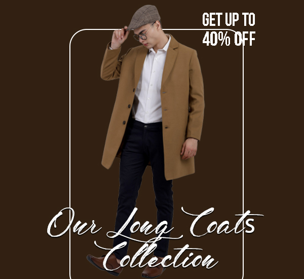 An image showing Coatsnmore`s collection leading to men`s long coat collection with 40% off, featuring a man wearing Trufit`s long coat with a white shirt and black jeans.