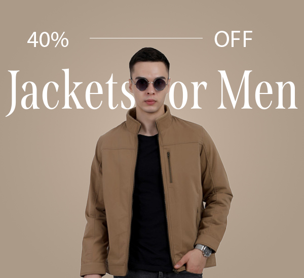 An image showing Coatsnmore`s collection leading to men`s jackets collection with 40% off, featuring a man wearing, black shades, Trufit`s windcheater and black jeans with left hand in the pocket.