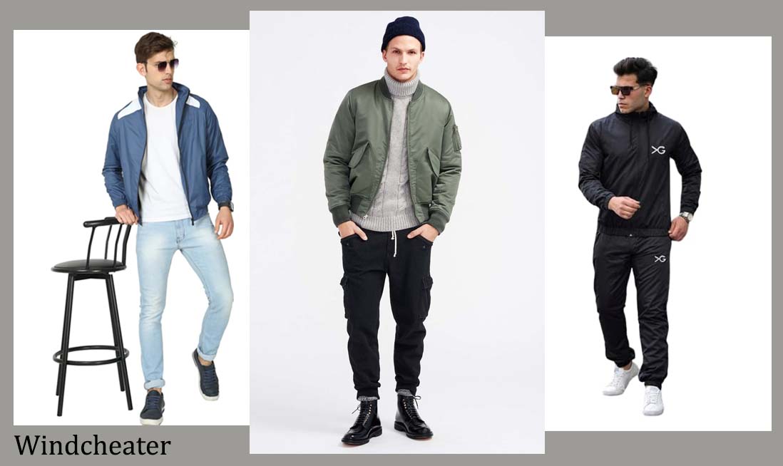 An image of three men wearing Windcheater in various colors and styling as casual and sporty look