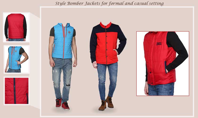 An image of three men wearing bomber jackets in various colors and styling as formal, casual and sporty look