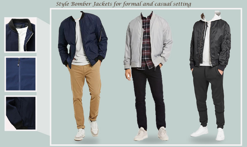 An image of three men wearing bomber jackets in various colors and styling as formal, casual and sporty look