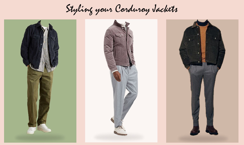 An image of three men wearing Corduroy jackets in various colors and styling as formal, casual and sporty look