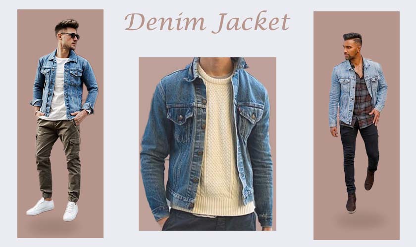 An image of three men wearing Denim Jackets in various colors and styling as Smart Casual and sporty look