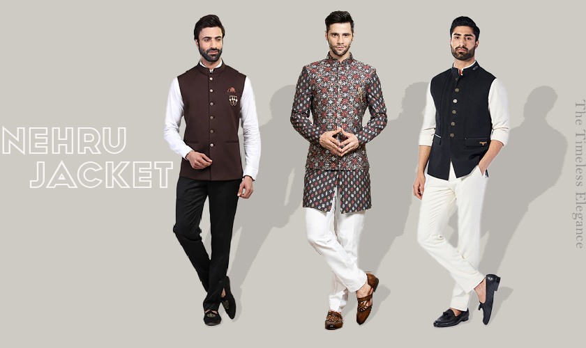 An image of three men wearing Nehru Jacket in various colors and styling as formal, casual and sporty look