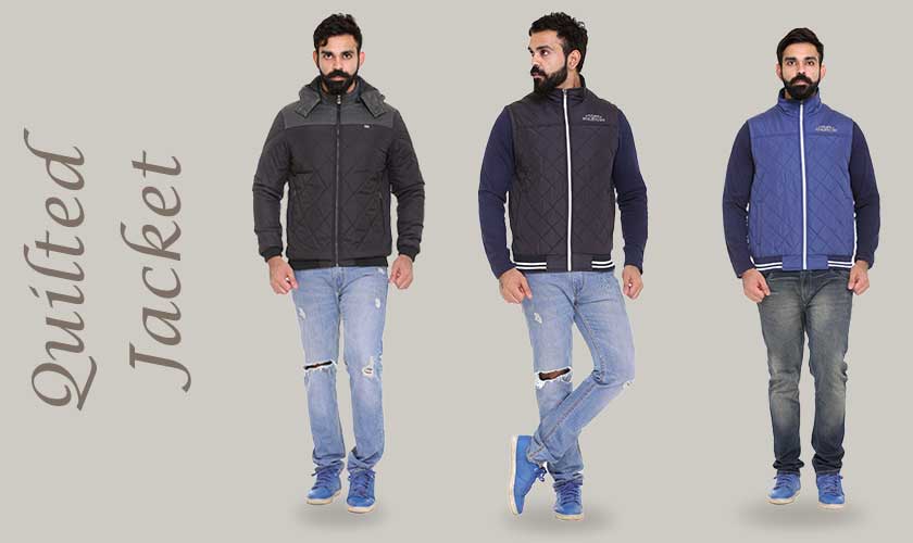 An image of three men wearing Quilted Jackets in various colors and styling as formal, casual and sporty look