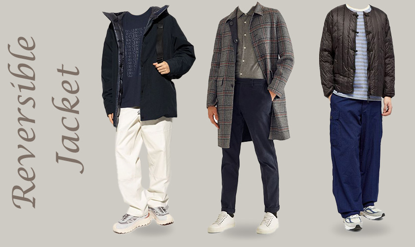 An image of three men wearing Reversible Jackets in various colors and styling as formal, casual and sporty look