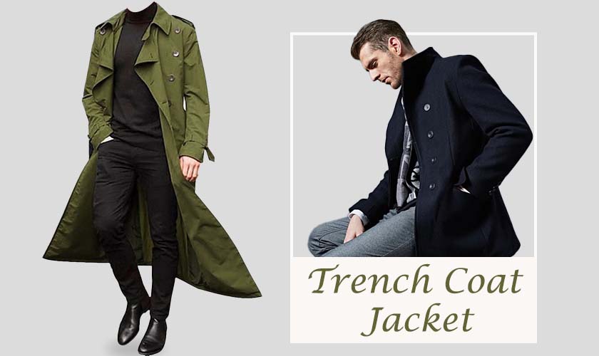 An image of two men wearing Trench Coat Jackets in various colors and styling as formal and casual look