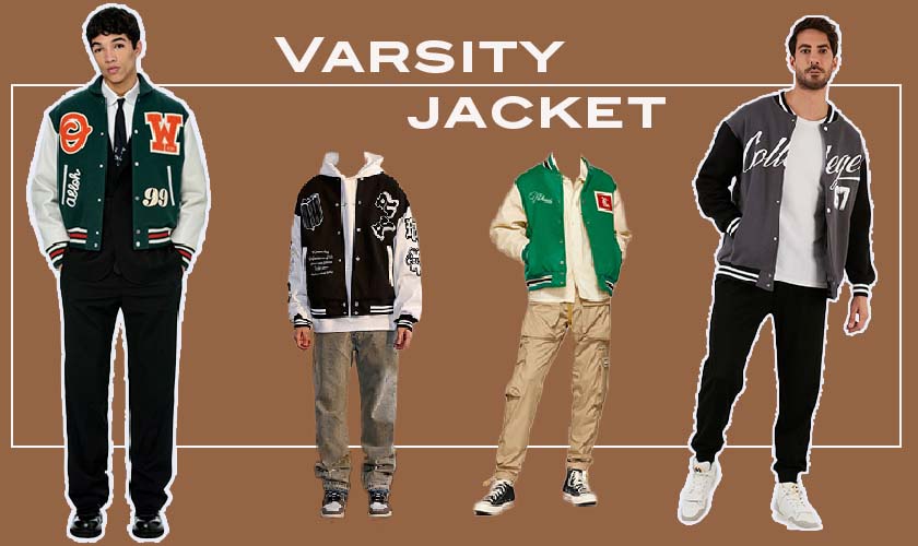 An image of 4 men wearing Varsity jackets in various colors and styling as casual and sporty look