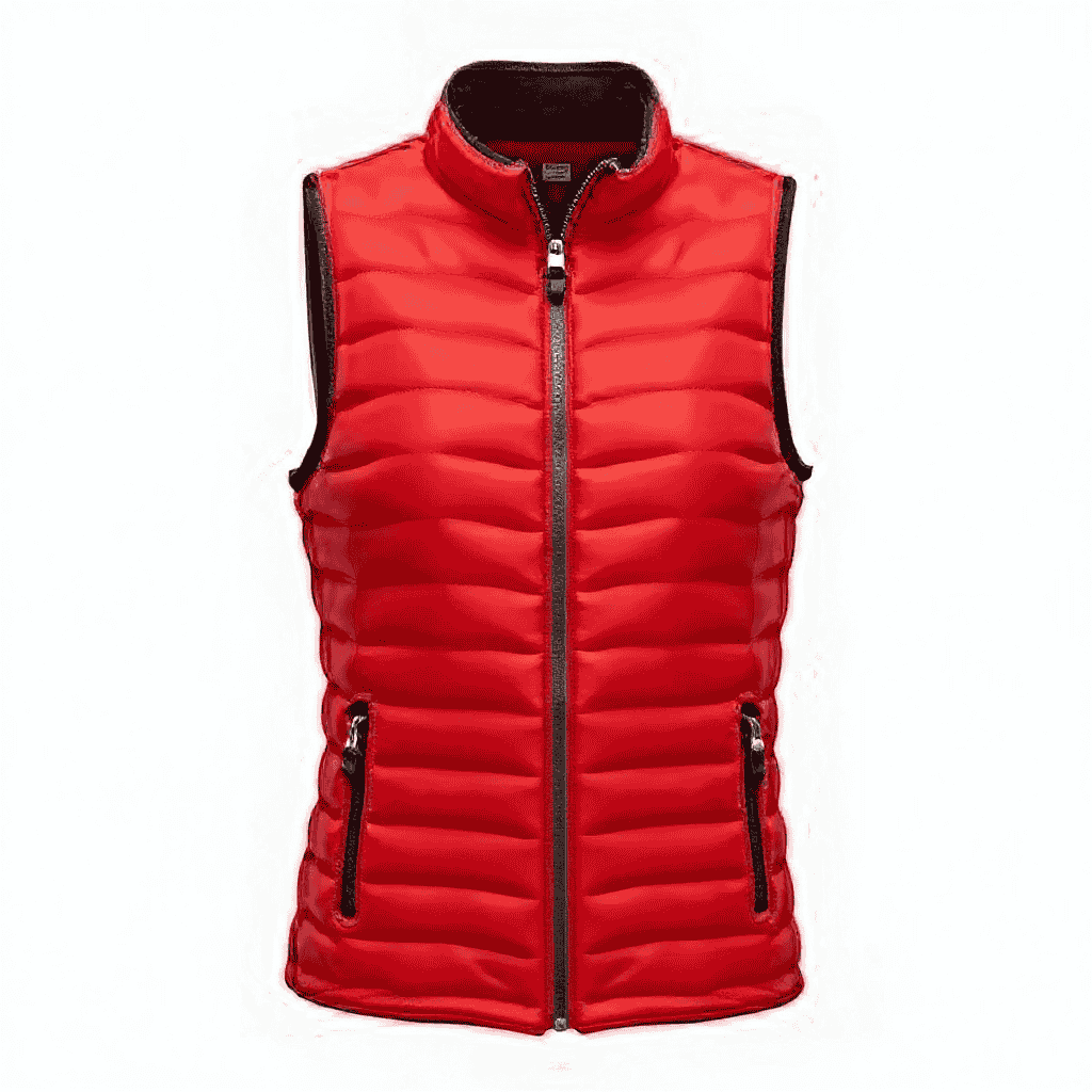 The image shows a Coatnsmore's Women’s High Neck Bomber Vest in bright red, featuring a padded design, high collar, front zipper, and zippered pockets for a sporty look. The image shows a Coatnsmore's Women’s High Neck Bomber Vest in bright red, featuring a padded design, high collar, front zipper, and zippered pockets for a sporty look.