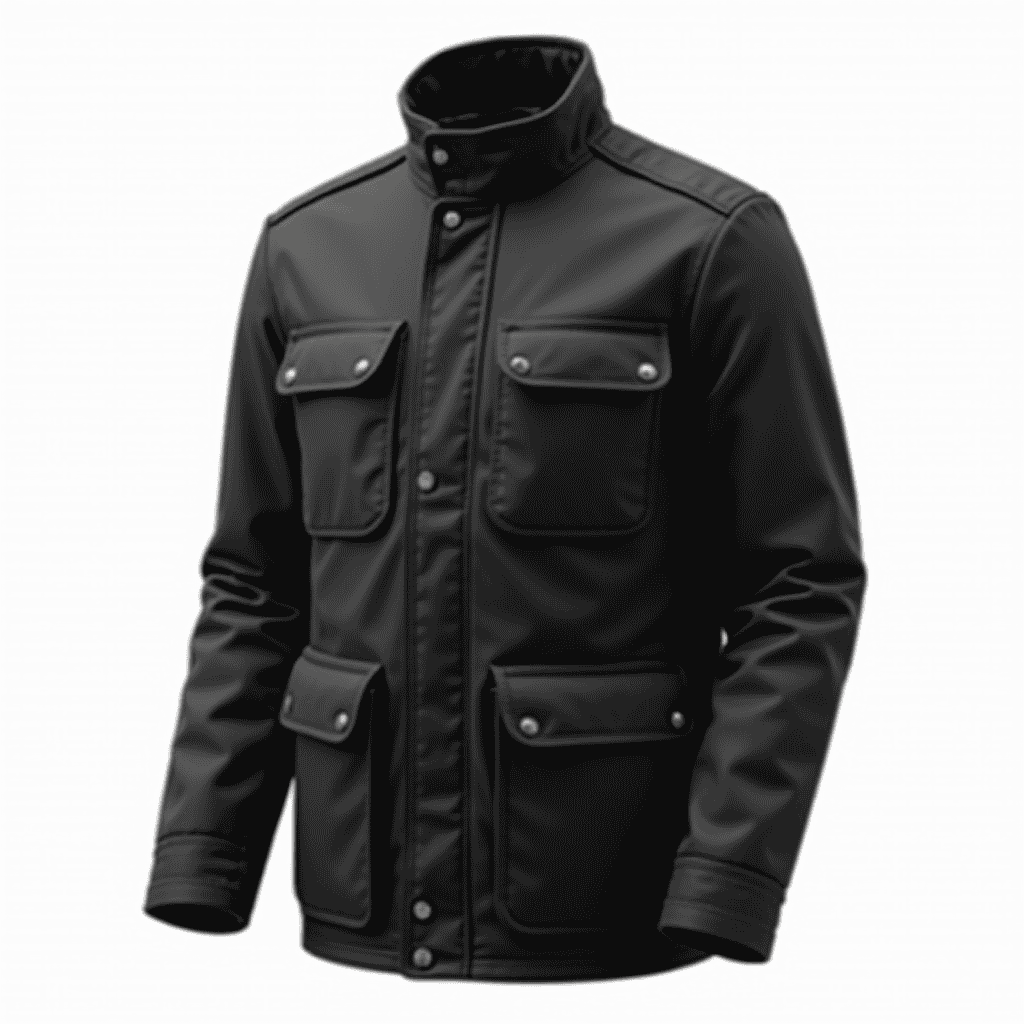 A sleek black Coatnsmore's High Neck Chester Jacket with concealed placket, high collar, front pockets, and fitted design, perfect for mild winters. A sleek black Coatnsmore's High Neck Chester Jacket with concealed placket, high collar, front pockets, and fitted design, perfect for mild winters.
