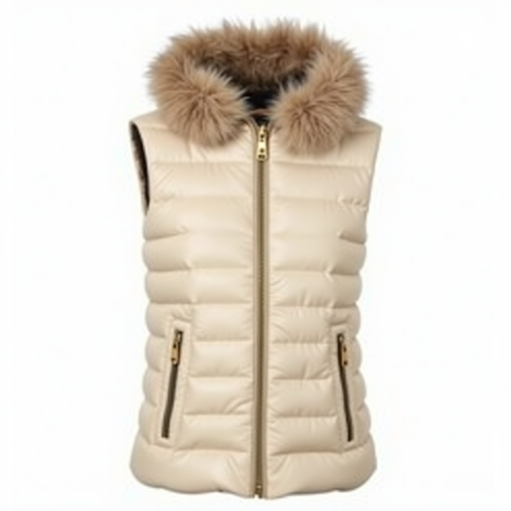 This image depicts Coatnsmore's Women’s Quilted Vest features a stylish, insulated design with a fur-lined hood, front zipper, and side pockets, perfect for layered winter outfits.