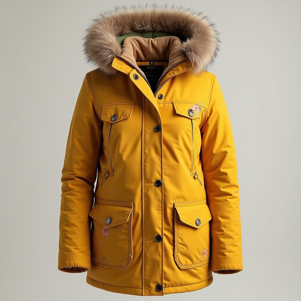 An image depicting Trufit's women’s high neck hooded parka jacket in bright yellow, with a faux fur-lined hood, front zipper, multiple pockets, and a stylish, insulated design for warmth. An image depicting Trufit's women’s high neck hooded parka jacket in bright yellow, with a faux fur-lined hood, front zipper, multiple pockets, and a stylish, insulated design for warmth.