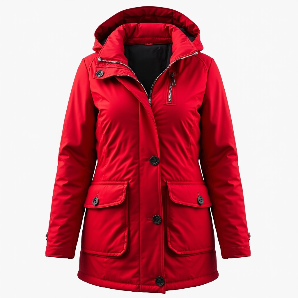 An image depicting Coatnsmore's women's red high-neck parka jacket, featuring lightweight insulation, a front zipper, button closures, multiple pockets with flaps, and a cozy hood for warmth and comfort.
