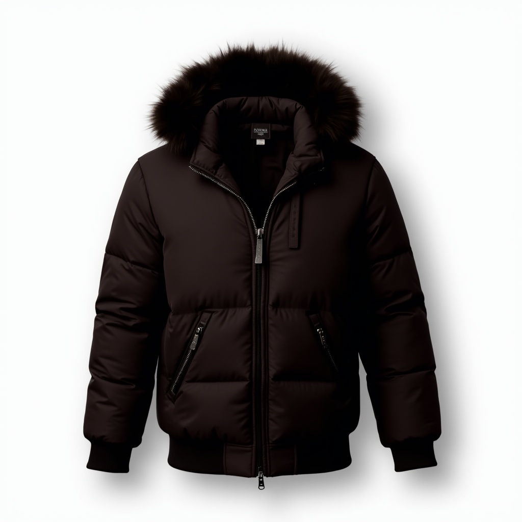 This image shows a Coatnsmore's High Neck Puffer Jacket with a hood. The jacket is black, padded, and features a high collar with a fur-lined hood, front zipper closure, and zippered pockets. This image shows a Coatnsmore's High Neck Puffer Jacket with a hood. The jacket is black, padded, and features a high collar with a fur-lined hood, front zipper closure, and zippered pockets.