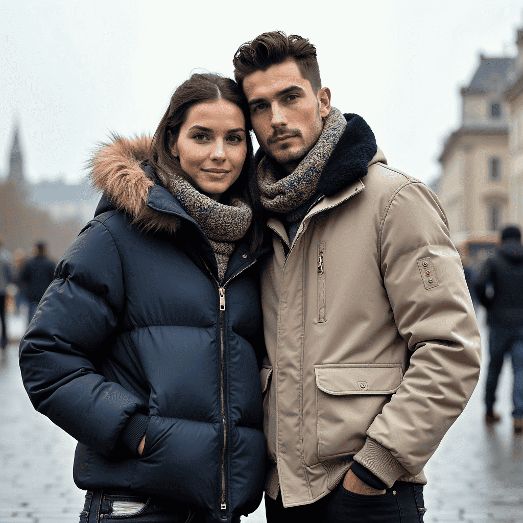 An image depicting two models, the women wearing vibrant puffers, while the man wears a neutral chester jacket, highlighting the rise of core aesthetics. An image depicting two models, the women wearing vibrant puffers, while the man wears a neutral chester jacket, highlighting the rise of core aesthetics.