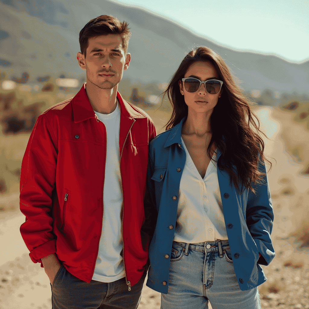An image depicting two models wear Eco-lit winter jackets in bold colors with metallic sheens, made from sustainable fabrics, durable, and eco-friendly construction. An image depicting two models wear Eco-lit winter jackets in bold colors with metallic sheens, made from sustainable fabrics, durable, and eco-friendly construction.