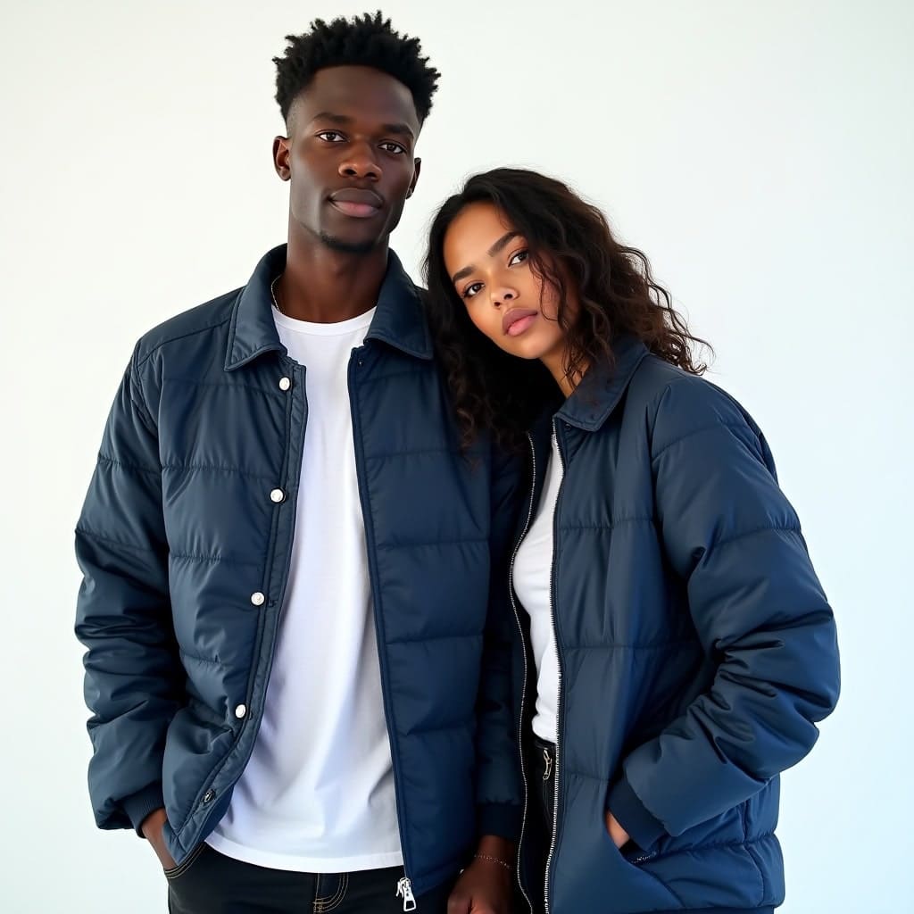 An image depicting Two individuals wearing genderless fit puffer jackets, standing close together against a plain light background. An image depicting Two individuals wearing genderless fit puffer jackets, standing close together against a plain light background.