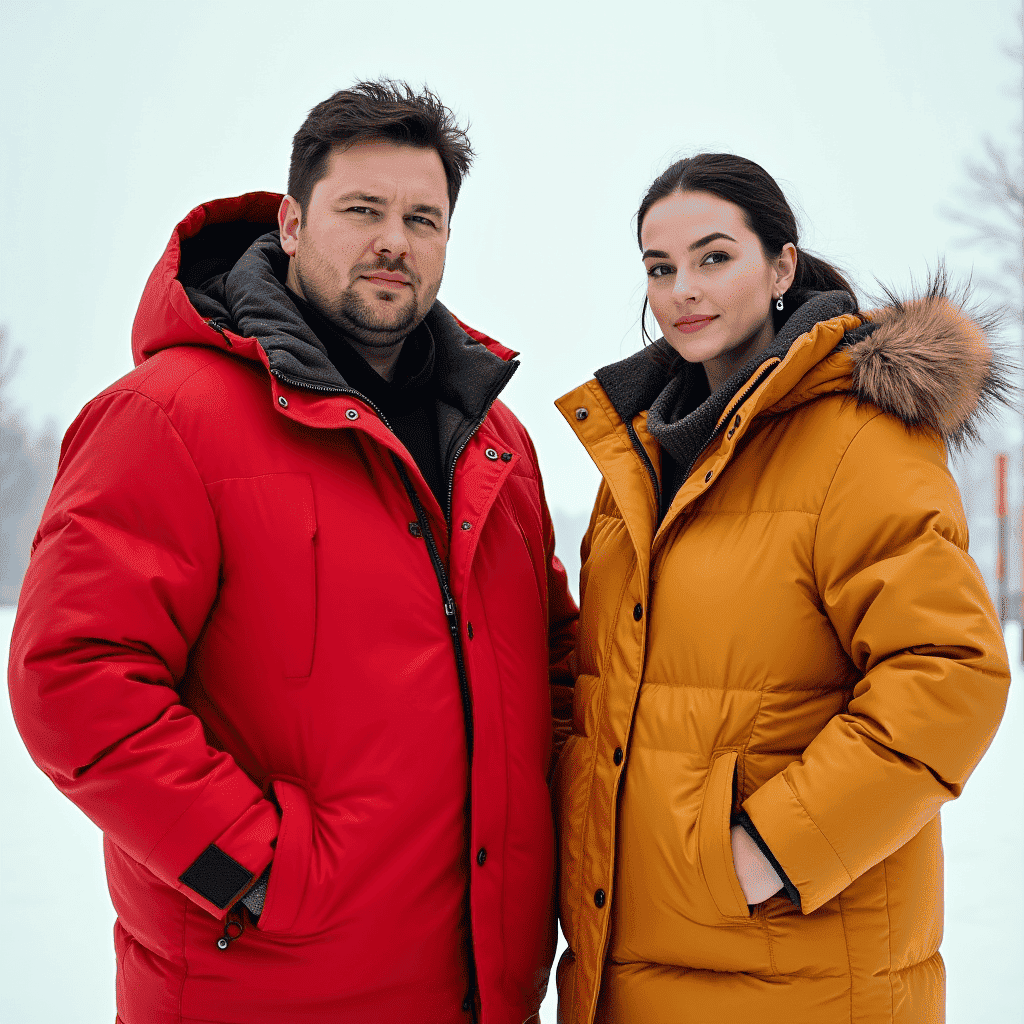 An image depicting Two individuals wearing bold-colored winter jackets with metallic sheens, reflecting the trend that maximalism is the new minimalism. The person on the left wears a striking red jacket, while the person on the right sports a vibrant yellow jacket with a fur-lined hood. An image depicting Two individuals wearing bold-colored winter jackets with metallic sheens, reflecting the trend that maximalism is the new minimalism. The person on the left wears a striking red jacket, while the person on the right sports a vibrant yellow jacket with a fur-lined hood.