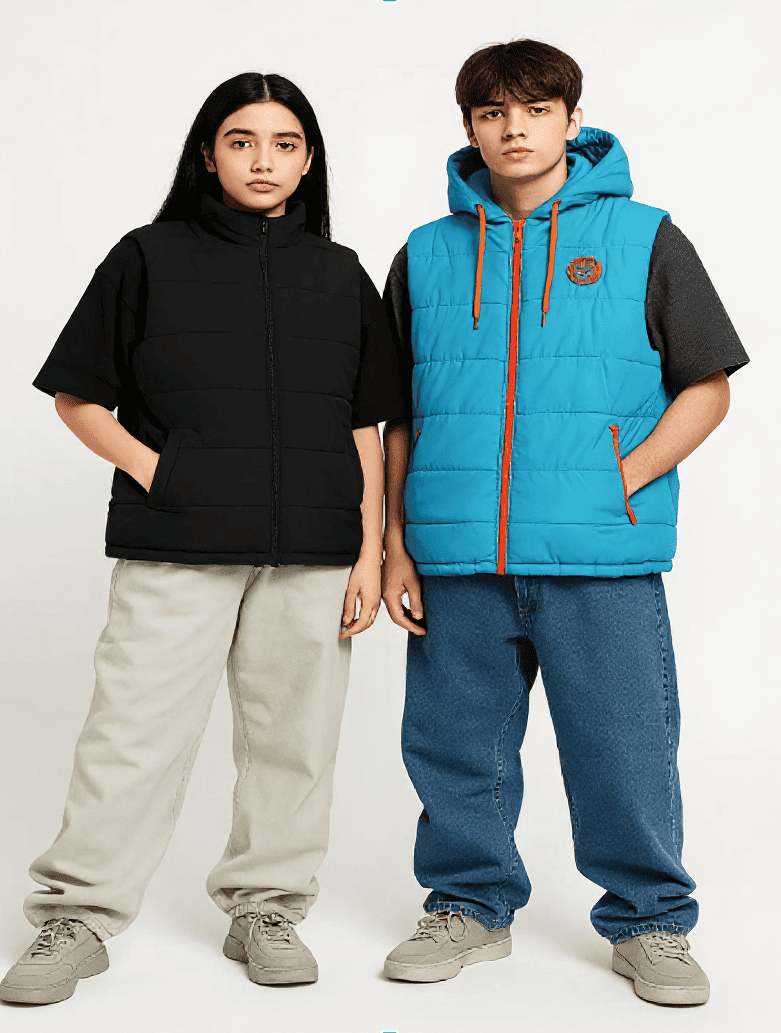 An image depicting two models wearing Coatsnmore oversized bomber vests, one black short-sleeve and one blue hooded zip-up, showcasing stylish, comfortable layering options An image depicting two models wearing Coatsnmore oversized bomber vests, one black short-sleeve and one blue hooded zip-up, showcasing stylish, comfortable layering options