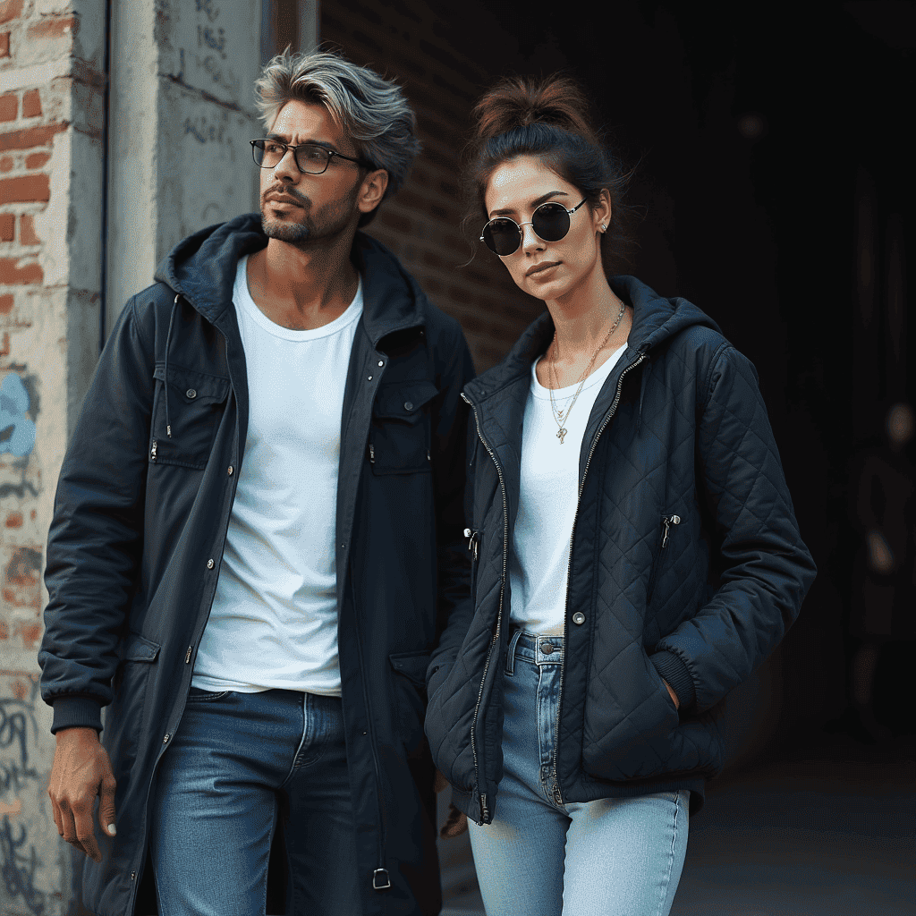 An image depicting two models reinterpreting 90s fashion with modern styles, pairing oversized jackets and casual denim for a contemporary take on nostalgic streetwear. An image depicting two models reinterpreting 90s fashion with modern styles, pairing oversized jackets and casual denim for a contemporary take on nostalgic streetwear.
