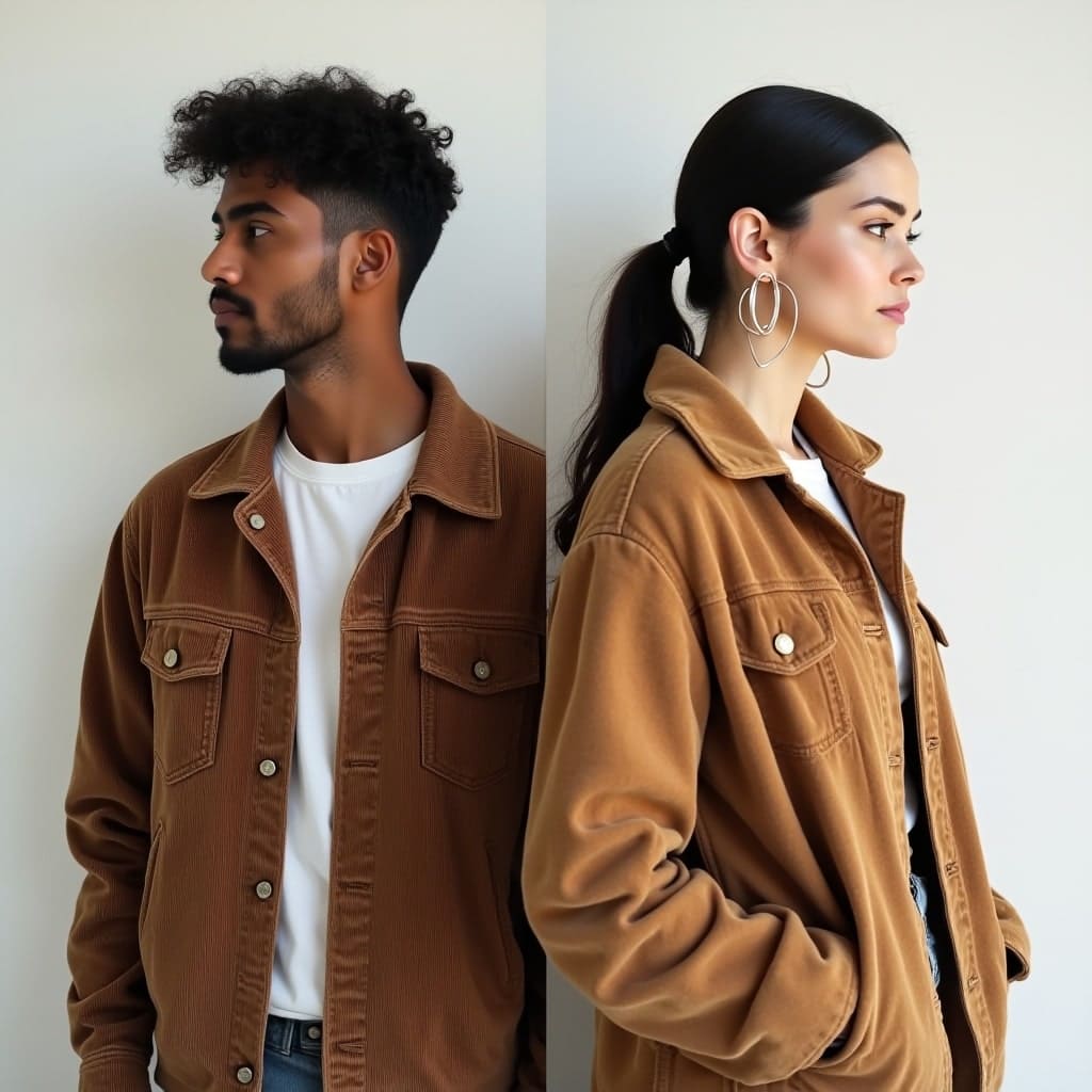 An image depicting the two models wearing earthy-toned jackets, evoking rustic charm and vintage-inspired simplicity, a characteristic of cottagecore fashion. An image depicting the two models wearing earthy-toned jackets, evoking rustic charm and vintage-inspired simplicity, a characteristic of cottagecore fashion.