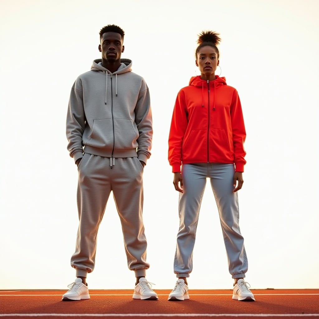 An image depicting the rise of sportswear in mainstream fashion, with a man wearing a performance tracksuit, while the woman pairs windbreakers with joggers. An image depicting the rise of sportswear in mainstream fashion, with a man wearing a performance tracksuit, while the woman pairs windbreakers with joggers.
