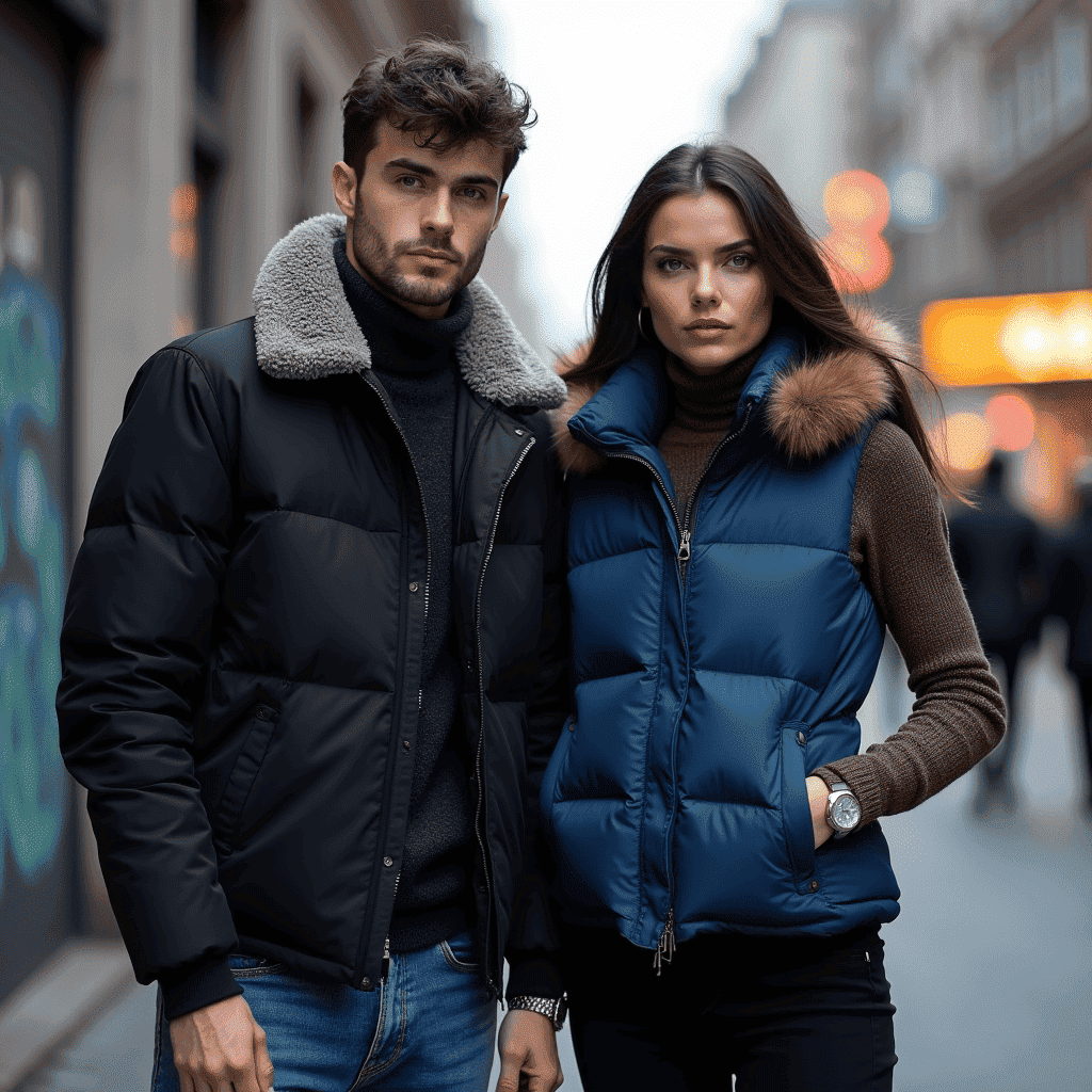 An image depicting two models highlighting street meets soft with layered jackets, oversized puffs and lightweight bombers, combining urban edge with cozy, relaxed vibes for a trendy look. An image depicting two models highlighting street meets soft with layered jackets, oversized puffs and lightweight bombers, combining urban edge with cozy, relaxed vibes for a trendy look.