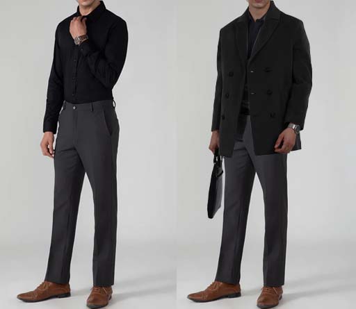 An image of 2 dressing combination for men 1.Black formal Shirt paired with charcoal grey trousers 2. Black formal Shirt paired with charcoal grey trousers and layered with charcoal overcoat 