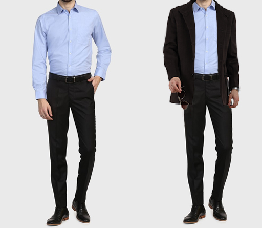 An image of 2 dressing combination for men 1. Light blue shirt paired with black