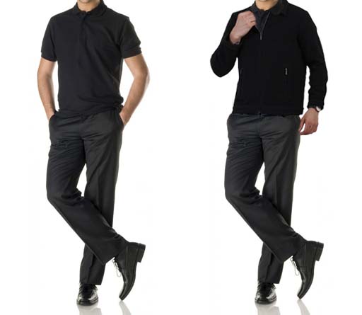 An image of 2 dressing combination for men 1. black polo t- shirt paired with black trousers 2. black polo t- shirt paired with black trousers layered with black utility jacket. 