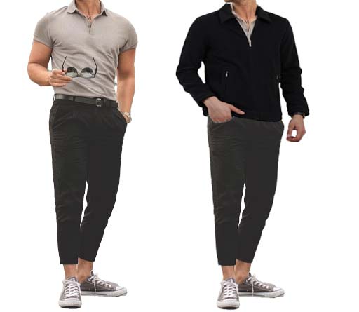 An image of 2 dressing combination for men 1. Grey t-shirt paired with black trousers 2. Grey t-shirt paired with black trousers layered with Black bomber bomber jacket.