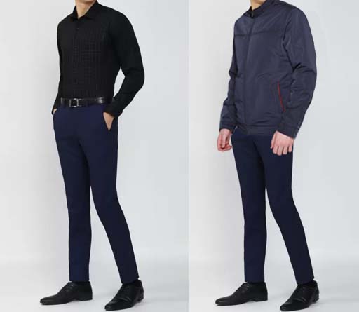 An image of 2 dressing combination for men 1. Black Shirt paired with Navy dress pants 2 Black Shirt paired with Navy dress pants and layered with navy coat 