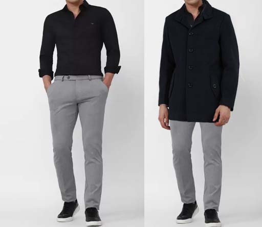 An image of 2 dressing combination for men 1.Black formal shirt paired with dark denim jeans 2 Black shirt paired with grey chinos and layered with black long coat. 