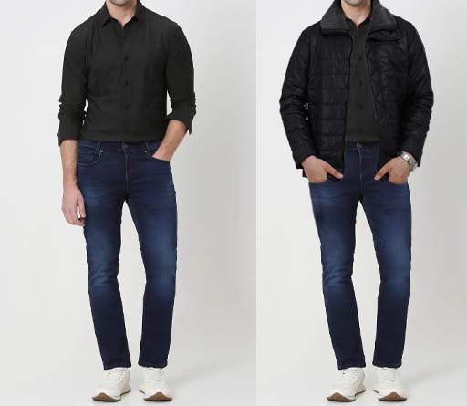 An image of 2 dressing combination for men 1.Black formal shirt paired with Dark Denim Jeans 2 Black formal shirt paired with Dark Denim Jeans and layered with Black Bomber Jacket 