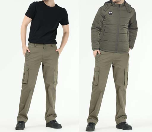 An image of 2 dressing combination for men 1.Black t-shirt paired with Green Cargo pants 2. Black t-shirt paired with Green Cargo pants and layered with olive green jacket 