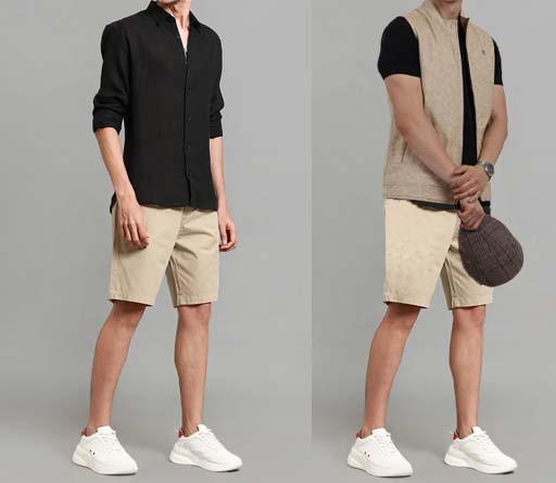 An image of 2 dressing combination for men 1. Black T-shirt paired with beige shorts 2. Black T-shirt paired with beige shorts and layered with beige half jacket 